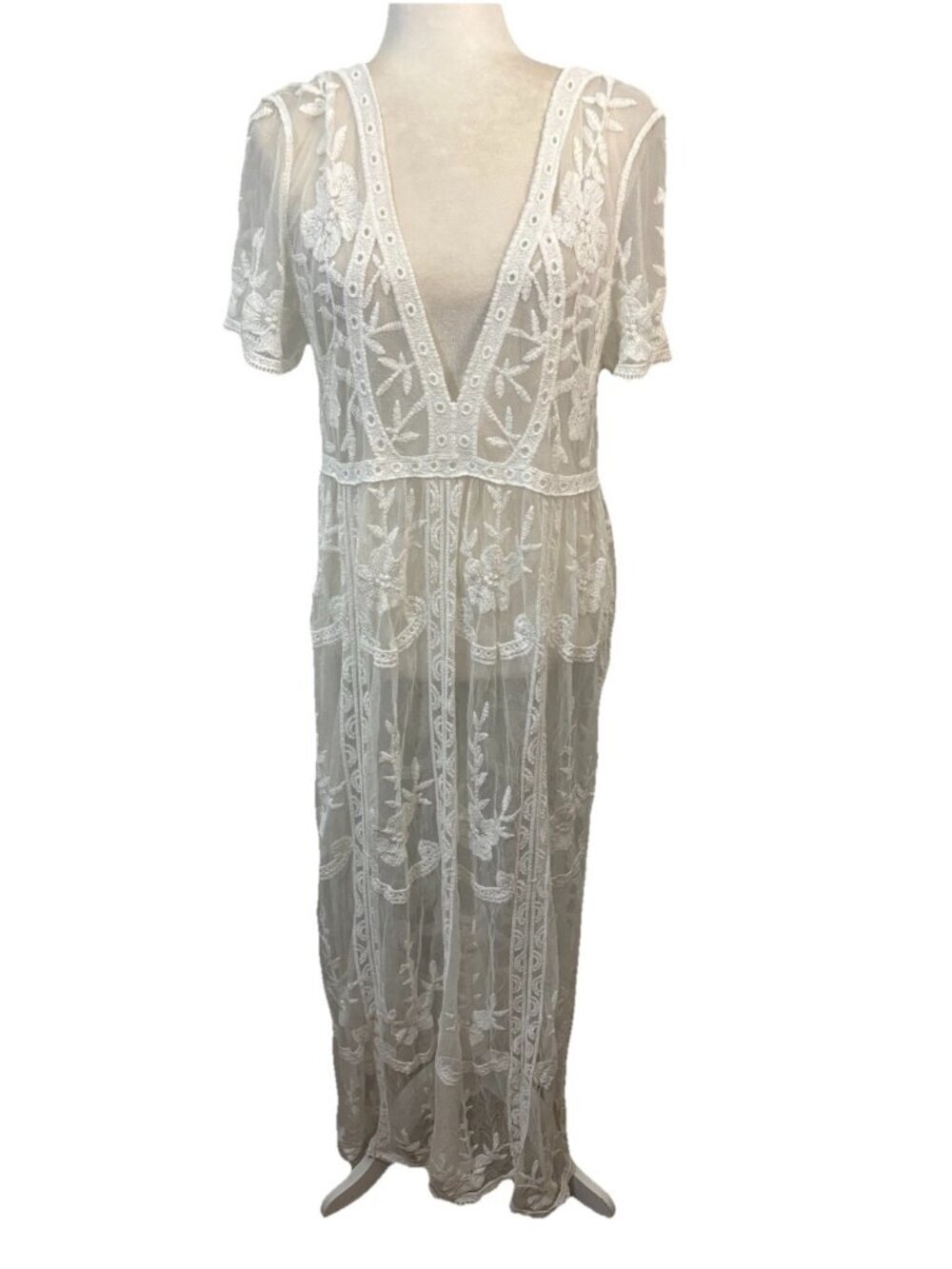Ember White Long V Neck Sheer Lace Dress Fairy Boho Size L